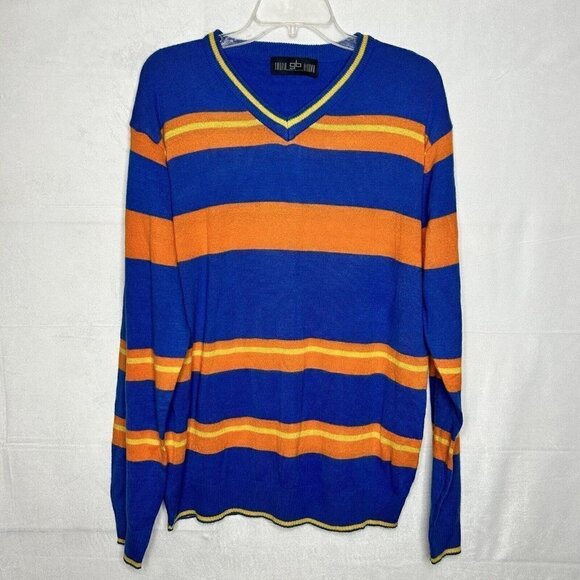 GODBODY Collection Sweater Men's Sz XL Striped Blue Orange Yellow V-Neck - Picture 1 of 7